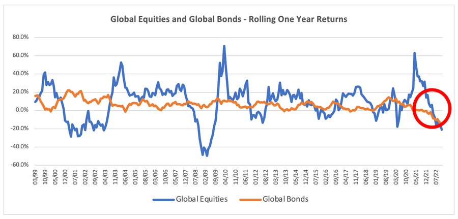 Global Equities and Global Bonds - Rolling One Year Returns